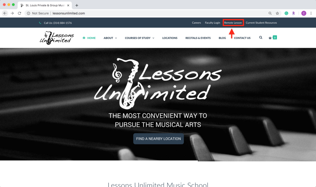 Lessons Unlimited Home Page Screencapture highlighting the new remote lesson link location